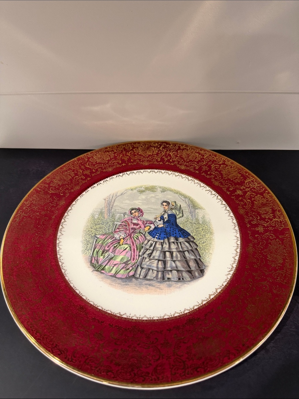 Decorative Red and Gold Accent Dinner Plate with Victorian Ladies